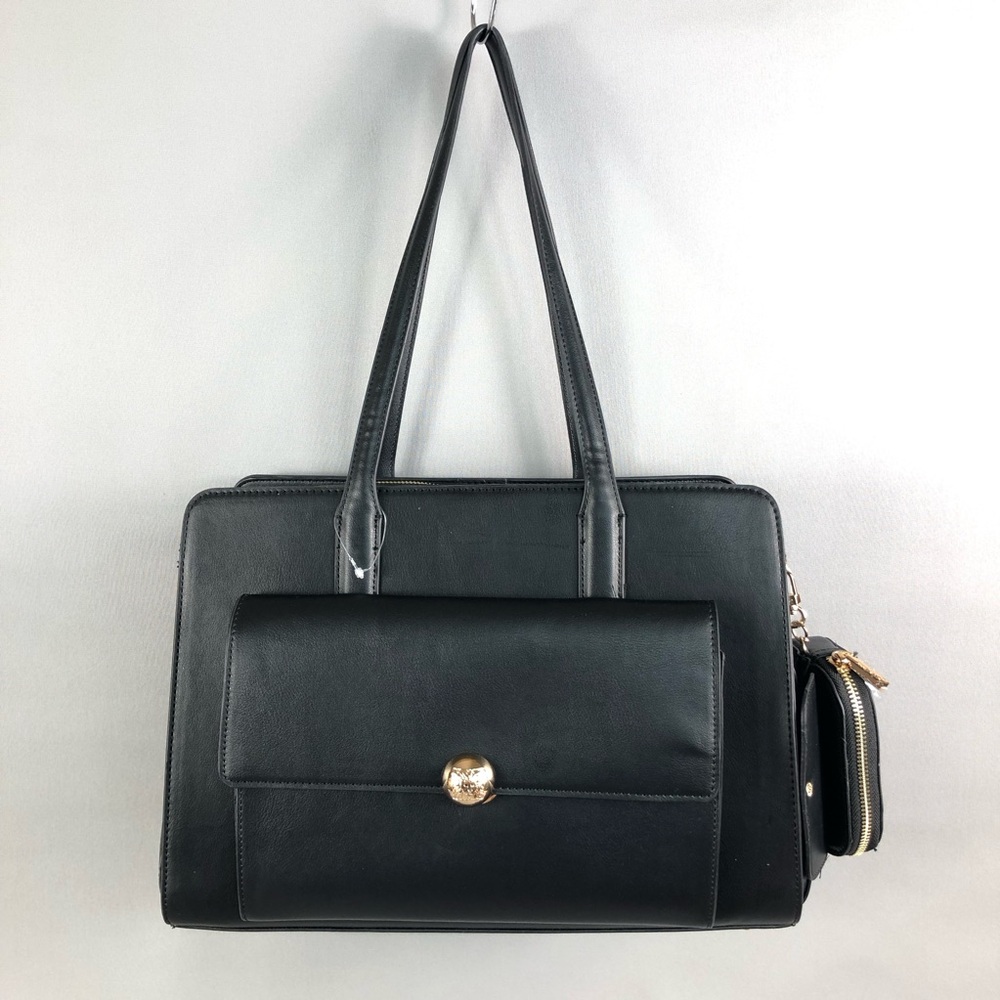 Anne Klein Black Structured Tote with Front Pocket and Gold Accent